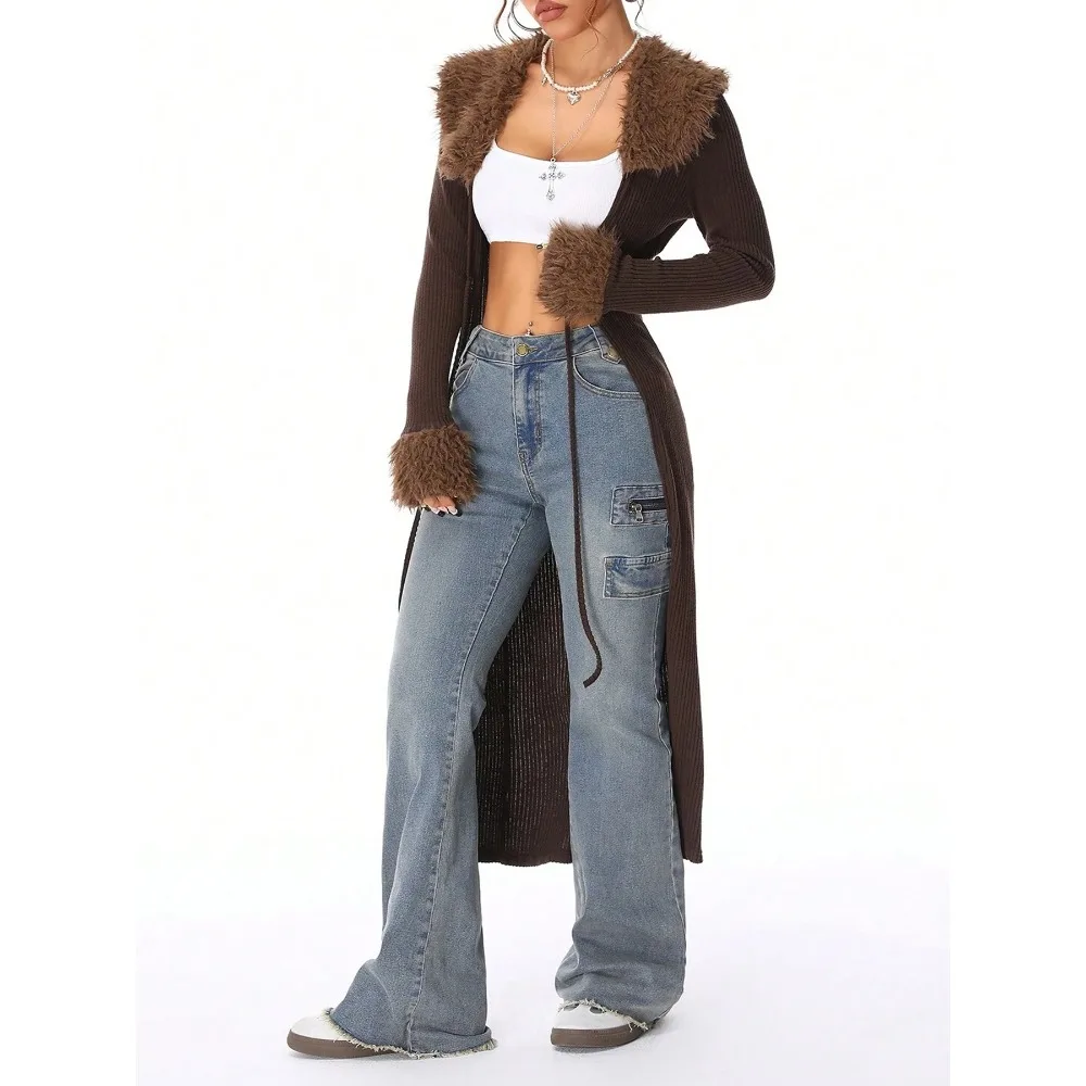 2026 Women's Spring and Autumn Winter New Urban Y2K Knitted Retro Dark Coat Cardigan Plush Cuffs Collar Extra Long Slim Tie