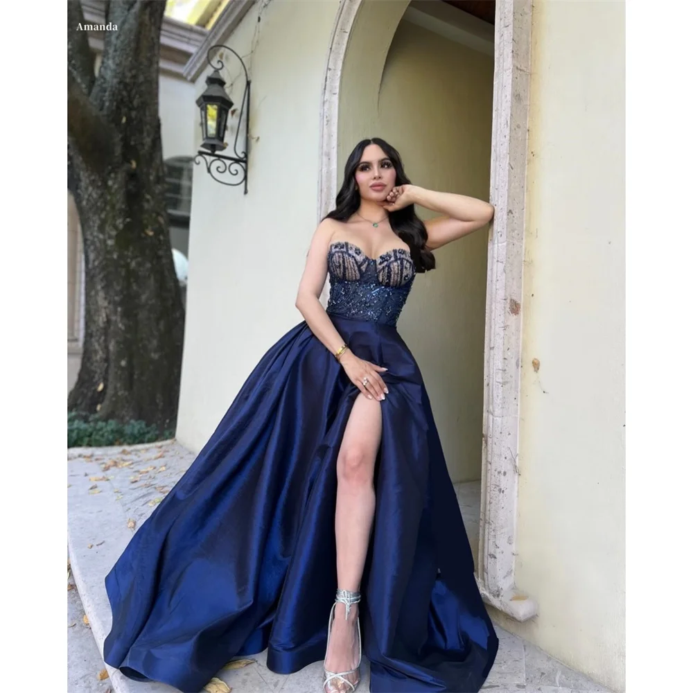 Amanda Customized Sequin Side High Slit Ball Gown Strapless Prom Dresses Trailing vestidos de noche Lace-up Formal Evening