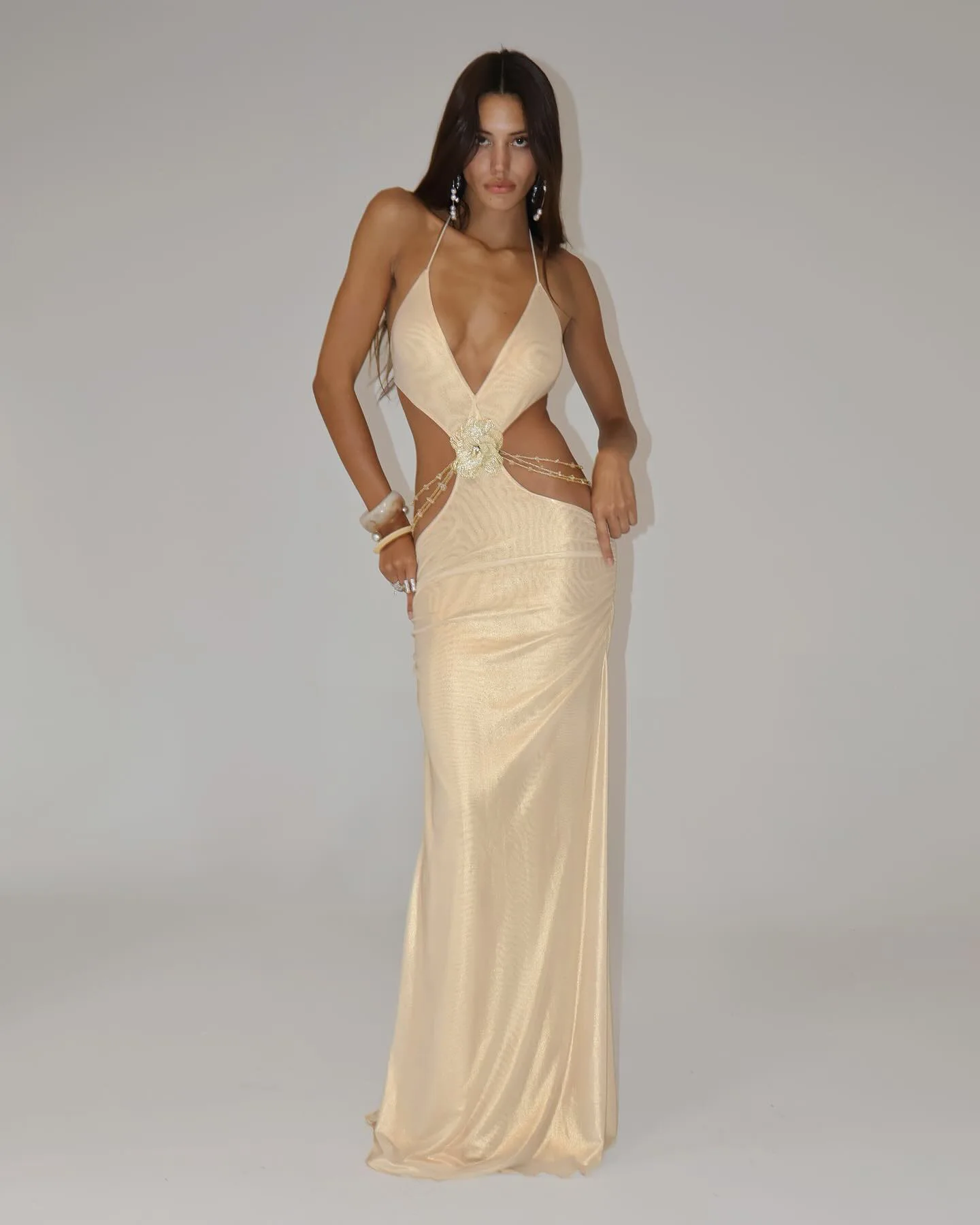 2025 Women Sexy Halter Deep V Neck 3D Flowers Gold Summer Bodycon Bandage Dress Elegant Evening Club Party Dress