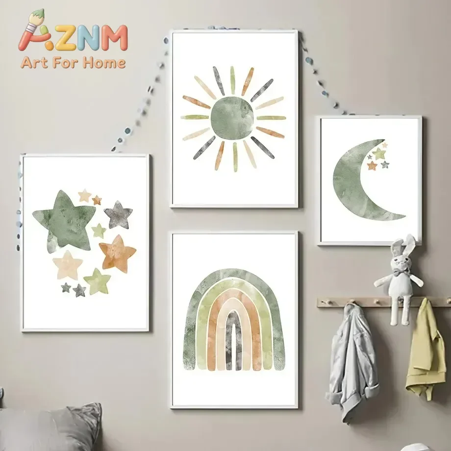 AZNM Watercolor Boho Canvas Wall Art Sun Moon Star Rainbow Heart Cloud Neutral Green Tone Art Print Unframed Canvas Poster for N