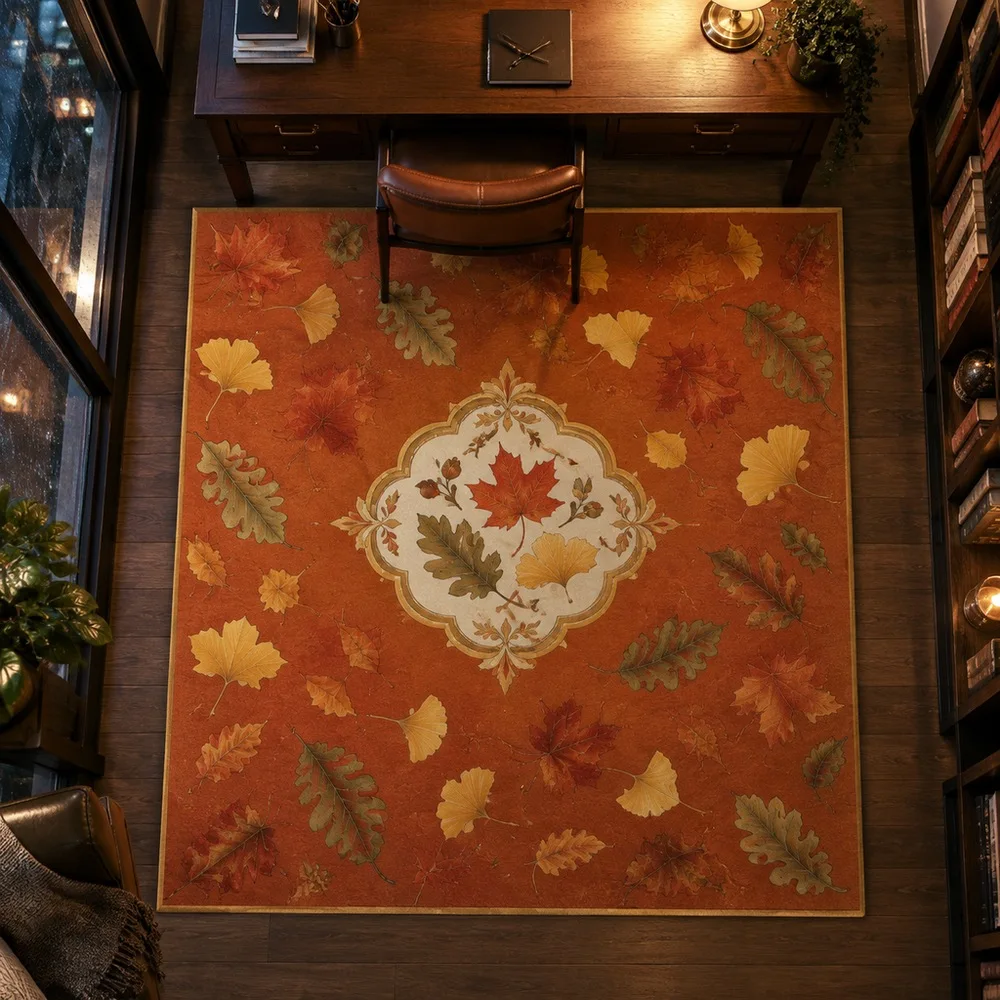 VIKAMA Rug Carpet Caramel Orange Maple Ginkgo Oak Leaf Scatter Plush Quick Dry Sofa Guest Room Sunroom Reading Nook Home Decor