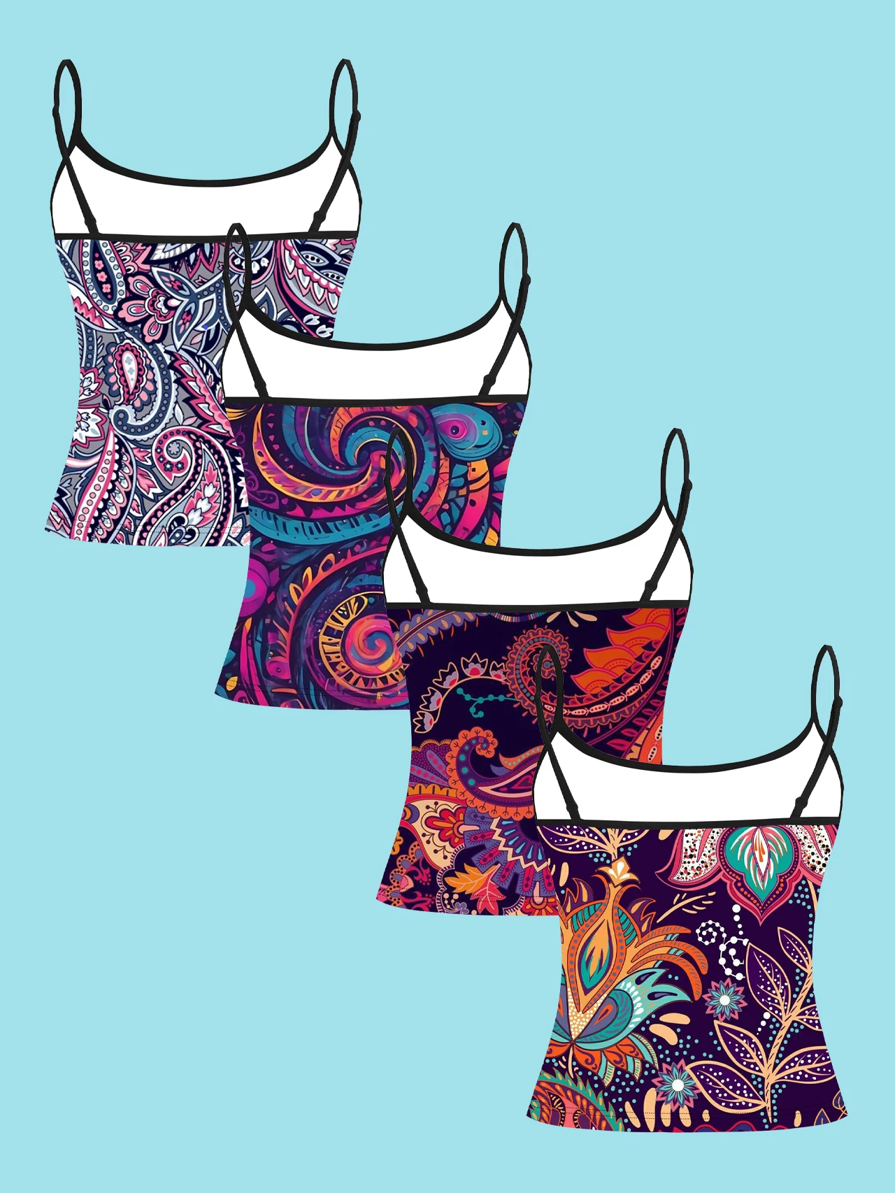 4-Piece Set of Ethnic Style Paisley Cashew Flower Women's Camisoles, Vintage Colorful Swirl Floral Print Slim-Fit Spaghetti Strap Short Camisole Tops
