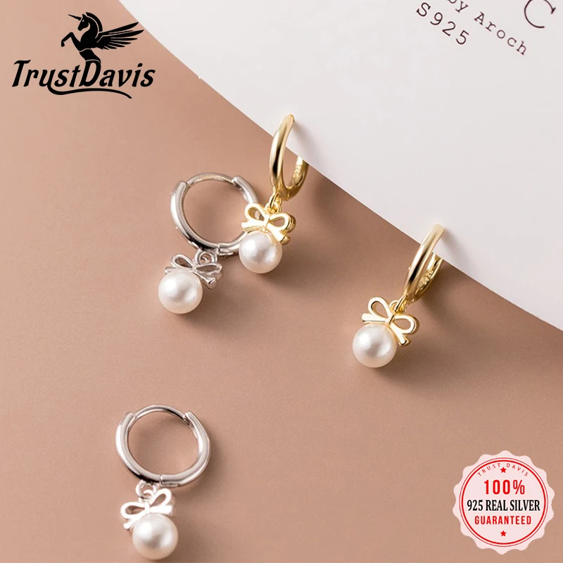 

TrustDavis Genuine 925 Sterling Silver Fashion Bow Pearl Hoop Earrings Women Fashion for Girls Anniversary Fine Jewelry DA1983