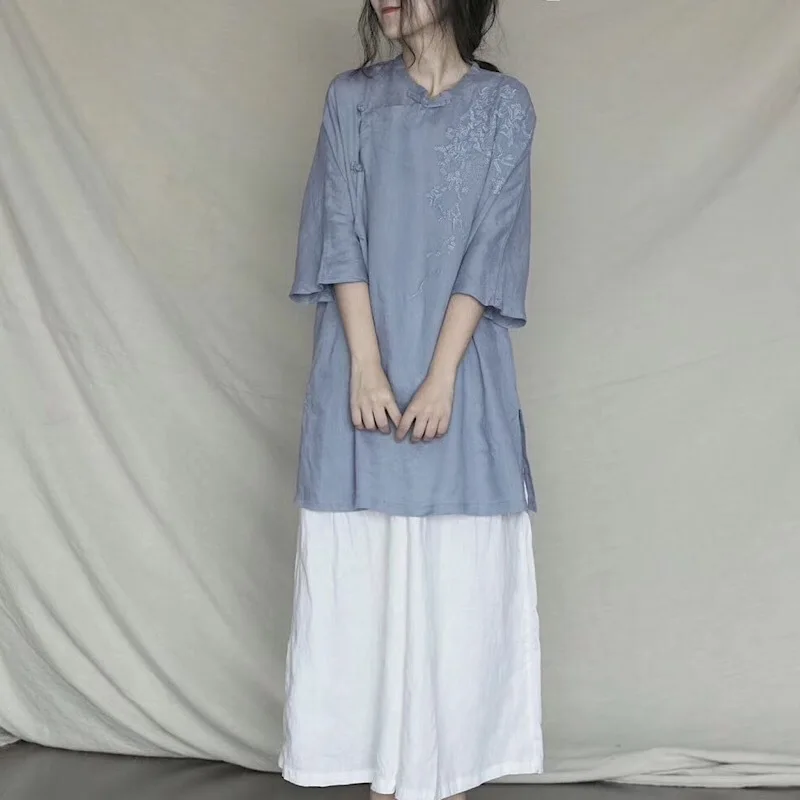 

Льняной миди-ильt с вышивкой в стиле ретро, женский топ с пуговицами Faion, свободный крой, корейский длинный све, круглый топ Ne