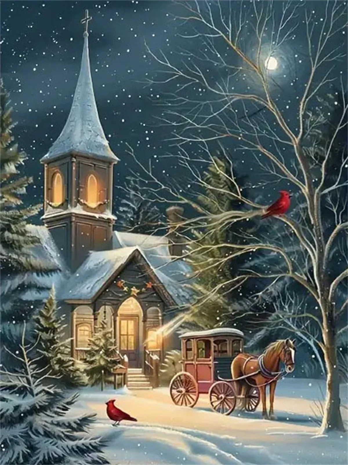 Embroidery Horse - Winter Snow Church Horse Carriage 5D