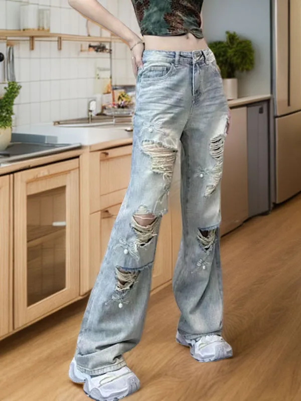 

Модные джинсы с высокой талией и широкими штанинами, винтажные, с эффектом потертости, из денима, в уличном стиле, свободного кроя, с рваными элементами