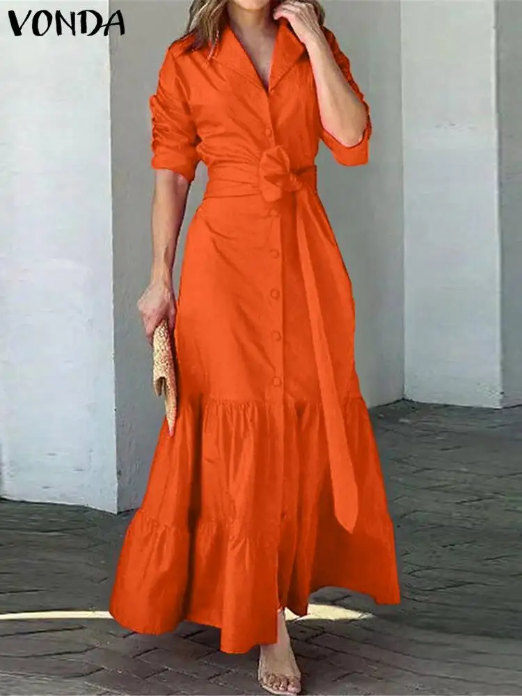 

VONDA Women Dress 2024 Summer Elegant Long Sleeve Ruffled Shirt Sundress Solid Color Casual Robe Lapel Belted Party Vestidos