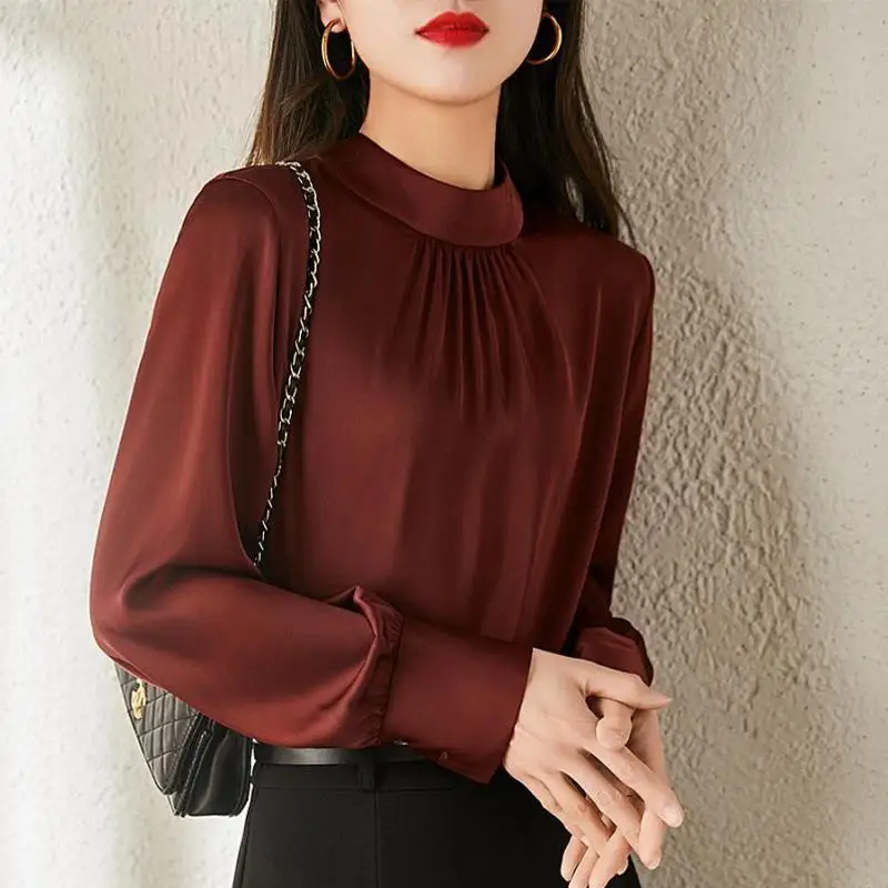 Women Satin Ruffled Lace Up Bow Vintage Elegant Blouse Korean Fashion Business Casual Office Lady Shirt Solid Long Sleeve Blusas