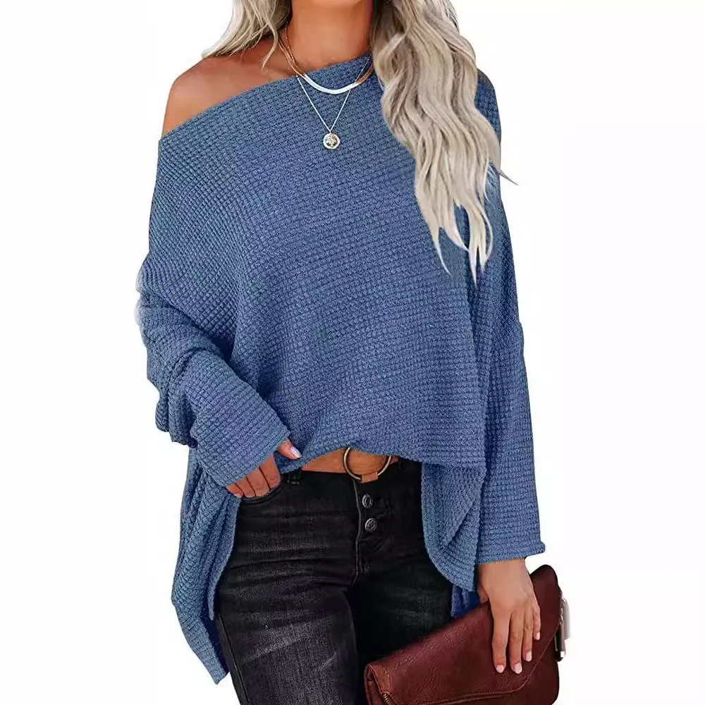 2026 Slant Collar Long Sleeve Waffle Off-shoulder New Top Women's Summer Irregular Solid Color Loose Casual Regular Fashion Top