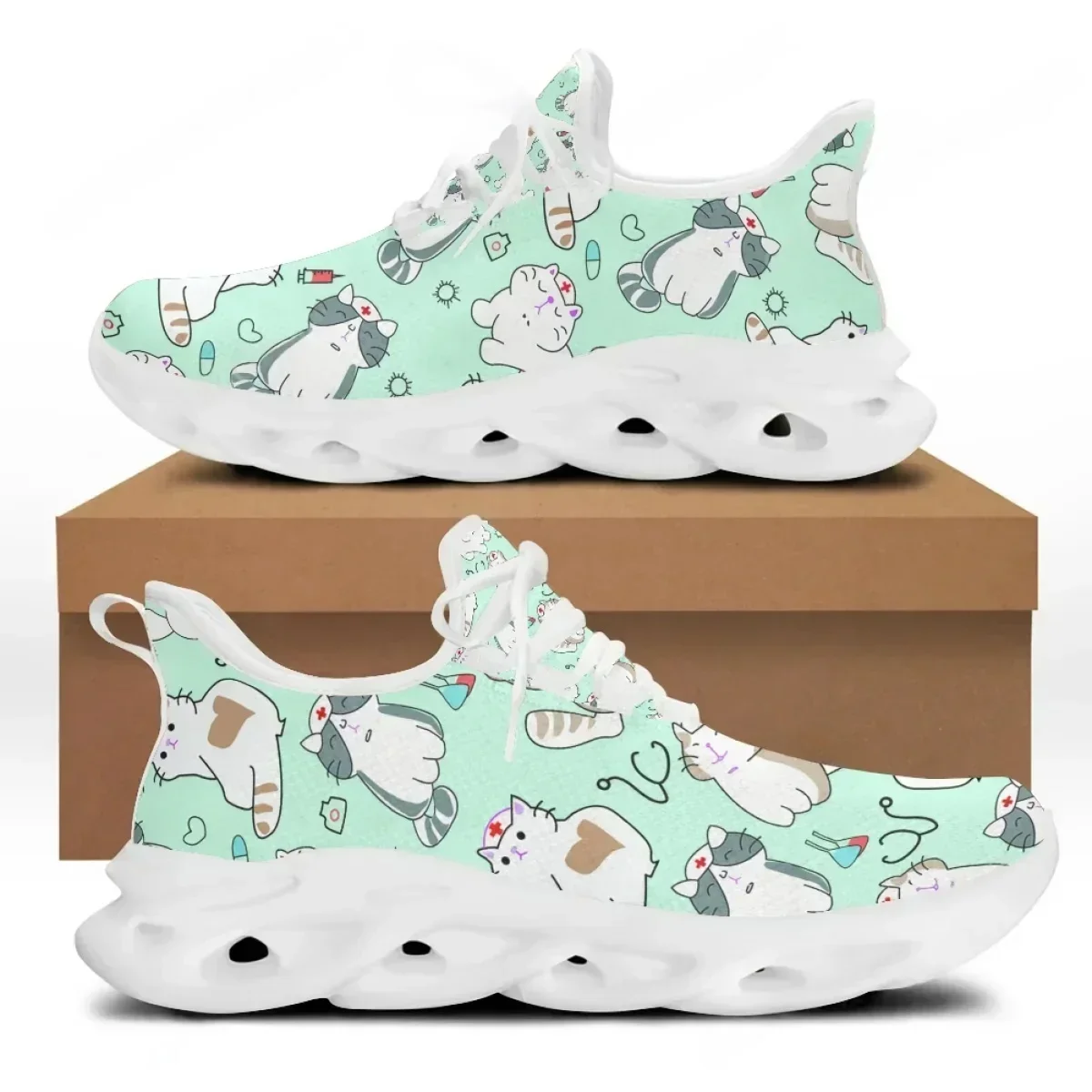 Hot Summer Spring Women Lace Up Casual Sneakers Teenager Girl Mesh Knit Sneakers Cute Nurse Cat Print Flats Female Shoe