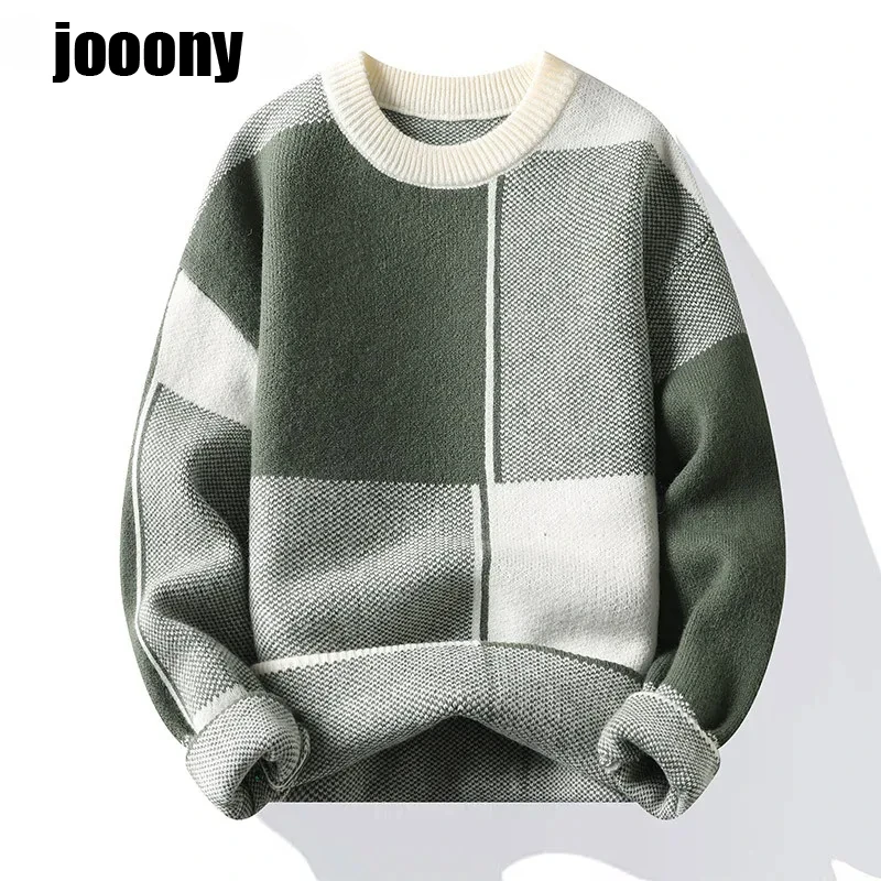 2024 New Fashion Patchwork Knitting Trend Checkered Autumn Winter Warm Knit Men's Casual Loose Comfortable Thickened Sweater