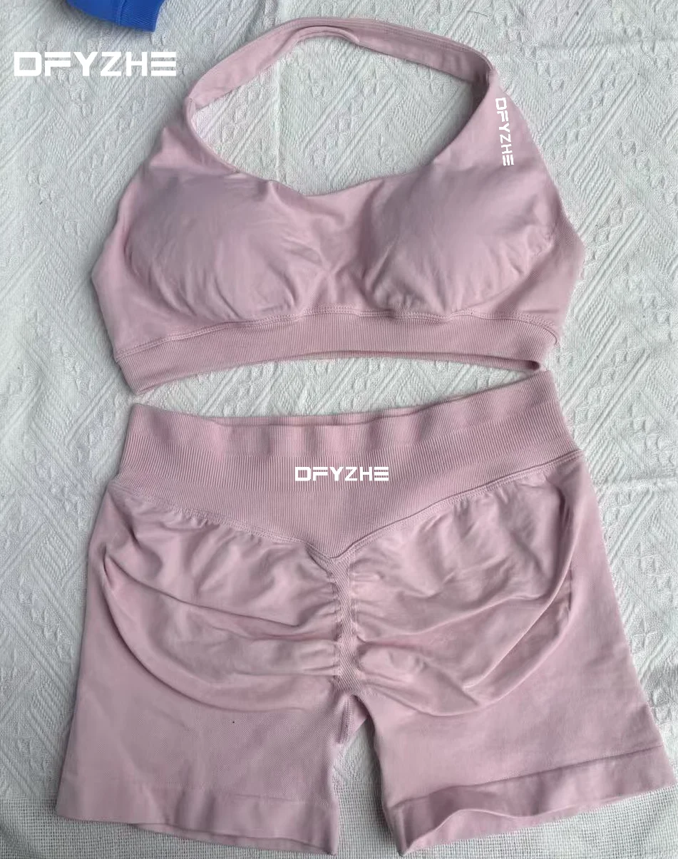 DFYZHE tweedelige set zonder oefeningen voor dames, fitnessbeha, naadloze yogashorts, oefen- en fitnesskledingset, gymleggingset - afbeelding 1