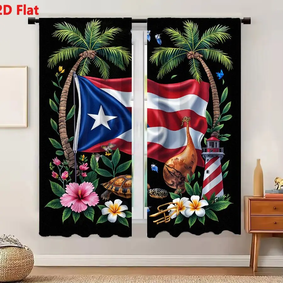 2Pcs Curtains 2D Flat Vibrant Puerto Rican Flag Palm Trees Hibiscus Güiro Lighthouse And Tropical Symbols Window Drapes for Bedr