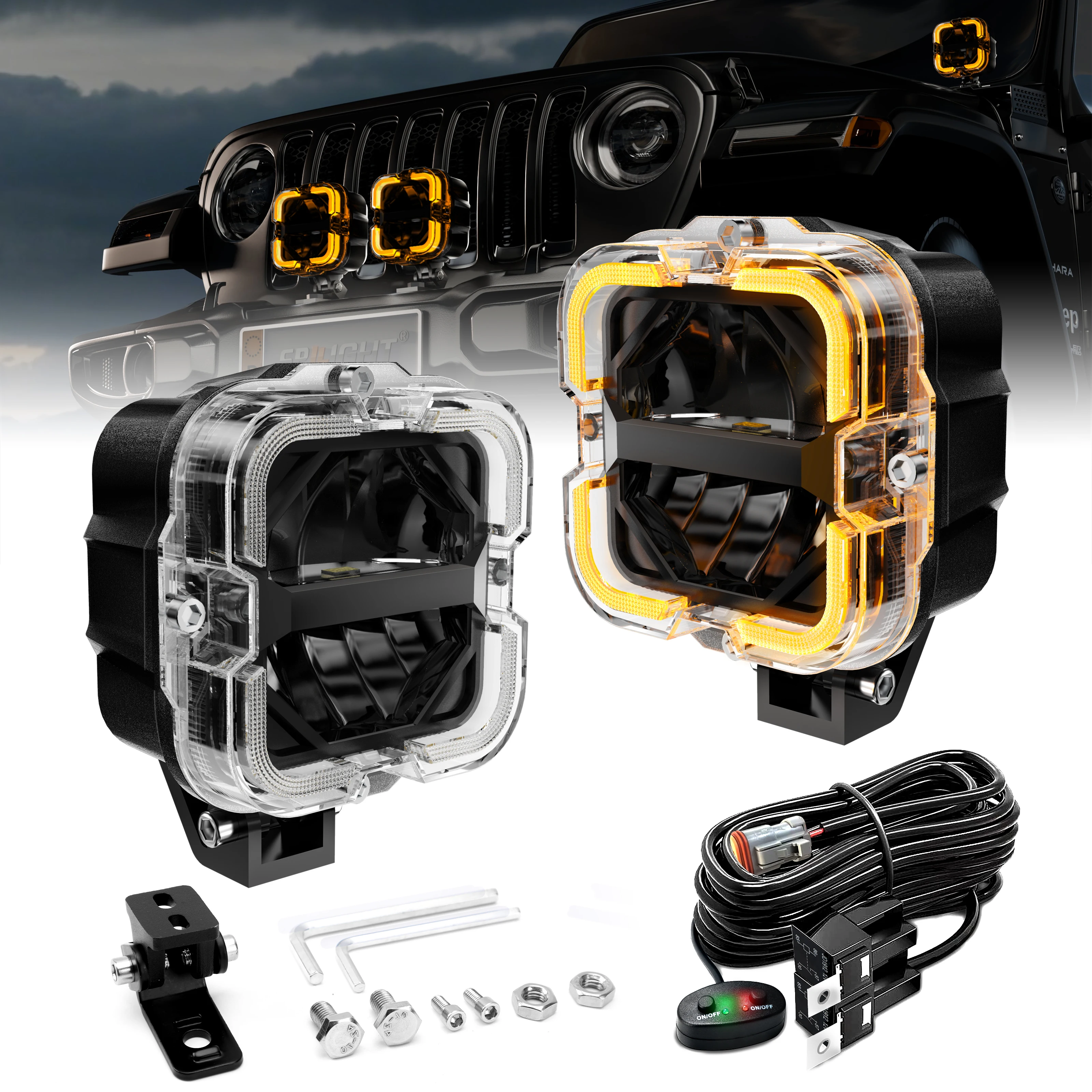 2pcs LED Work Light White & Amber Driving Fog Light Daytime Running Light Led Light Bar For Car Truck Pickup Boat Suv Off Road
