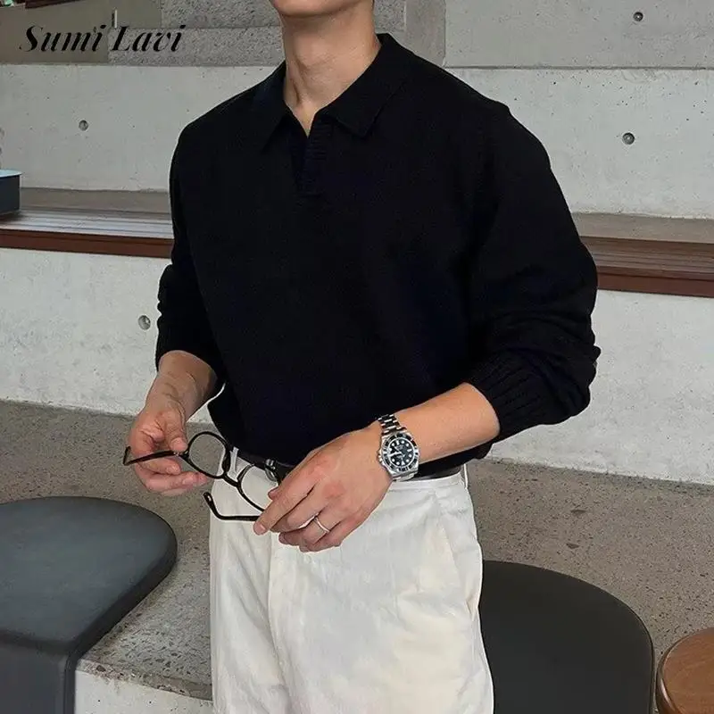 

2025 Fall Winter Casual Mens Polo Sweater Vintage Lapel Long Sleeve Slim Knit Polo Shirts Men Fashion Solid Color Knitted Polos