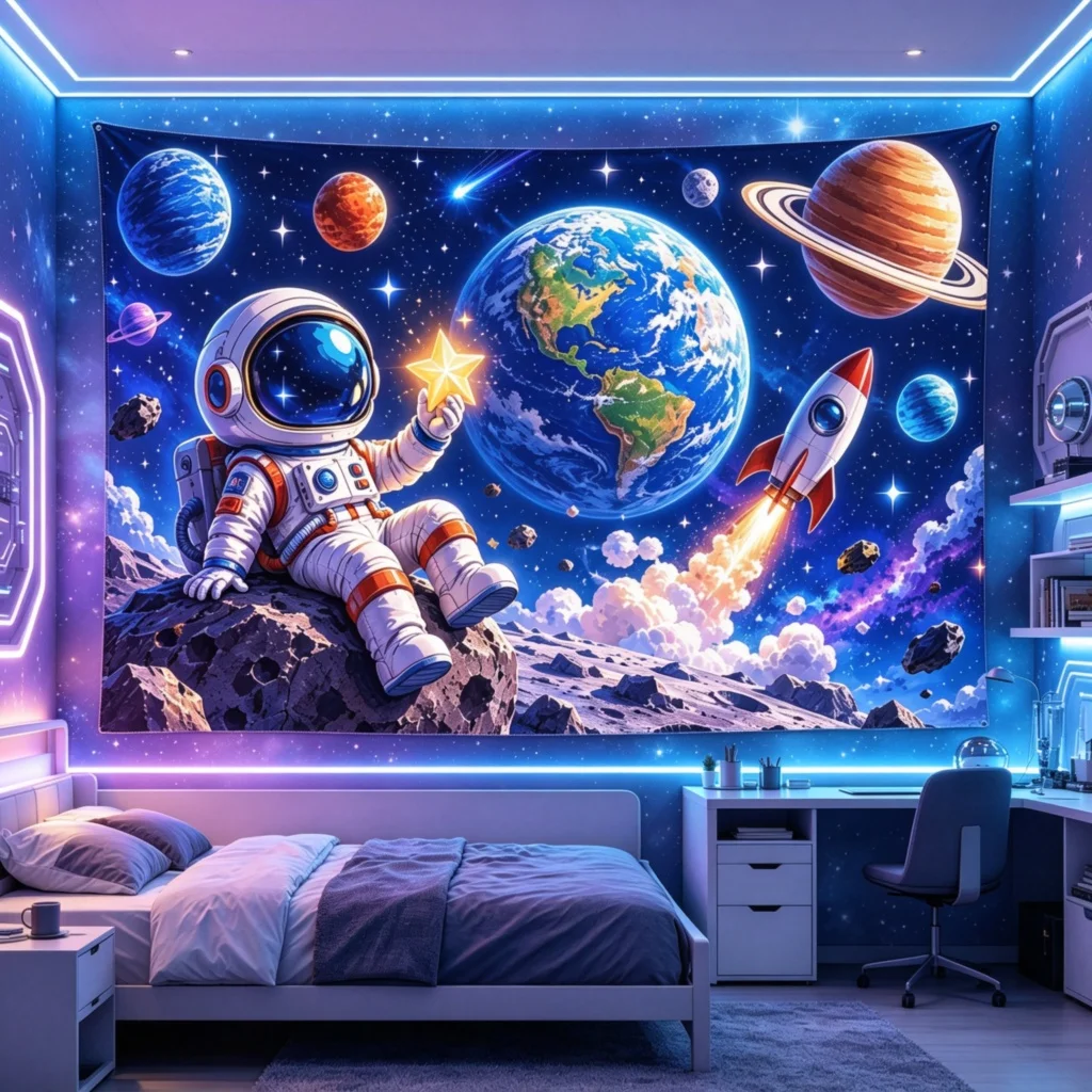 1PC Space Astronaut Planet Rocket Stars Print Backdrop Banner, Bedroom Photo Background, Polyester, Halloween Party Decoration