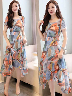 

Summer Loose ort Sve Beach Dr Mom Large Size Women's Clothing Floral Print A-Line Skirt Korean Sle Commute Dr