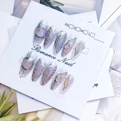 10pcs Long Almond Handmade Fake Nails With Flash Butterfly Decor Press On Acyrlic Nails Silver Round Fake Glitter Nails Finished