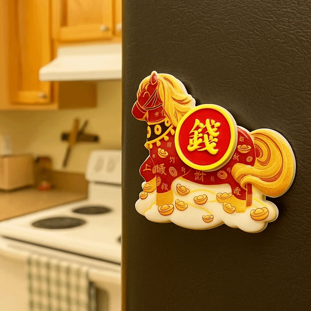 3D Rotating Refrigerator Magnets Cartoon God of Wealth Horse Year Fridge Magnets Decorative Chinese Style
