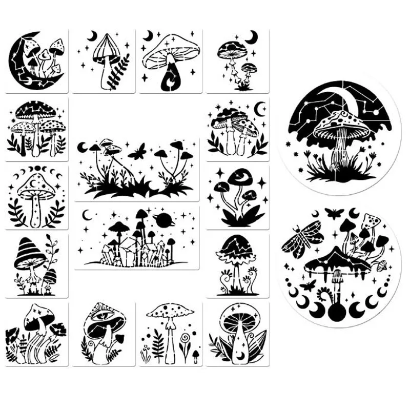 

18 Sheets Creative Mushroom Stencil DIY Layering Wall Scrapbook Journal Stamp Album Decoration Inkjet Painting Template Reusable