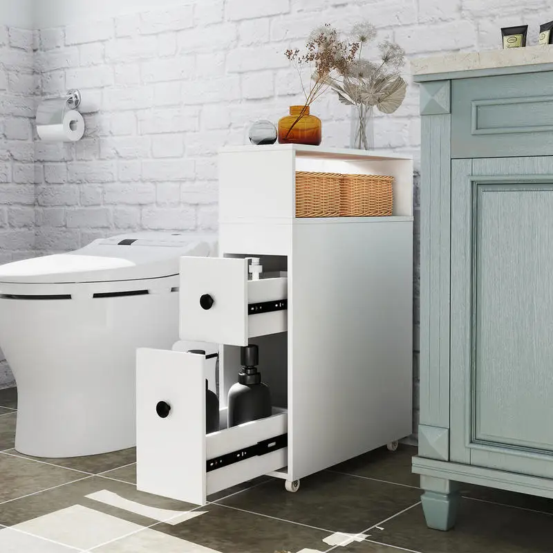 

Slim Bathroom Cabinet Wooden Toilet Organizer with Deep Slide Out Drawers