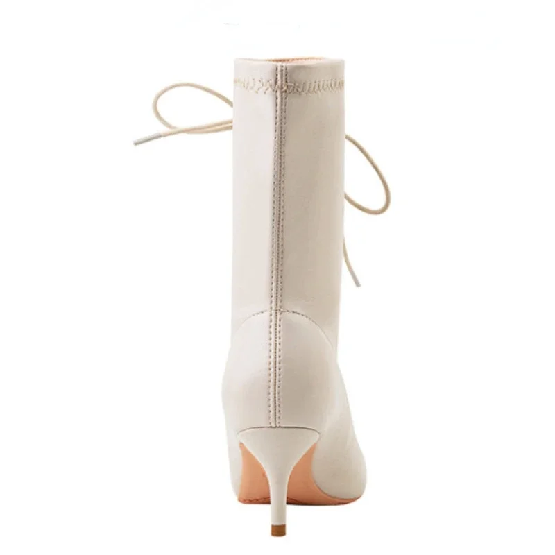 Lace Up Leathers Black High Ankle Boots Pointed Toe Fashion Brand Designer Short Boot Fine Heel Sexy Fall Winter High Heels