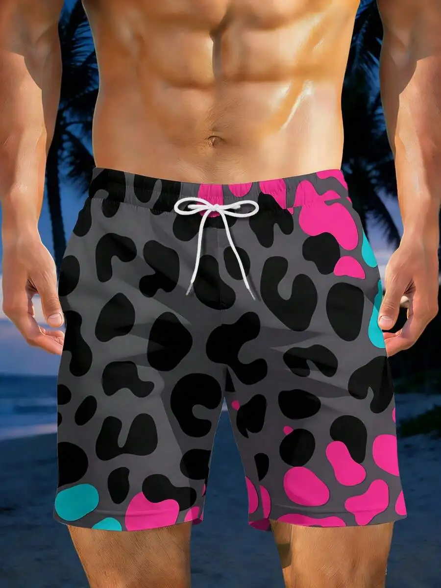 

Bold Leopard Print Mens Beach Shorts Colorful Animal Pattern Summer Swim Trunks