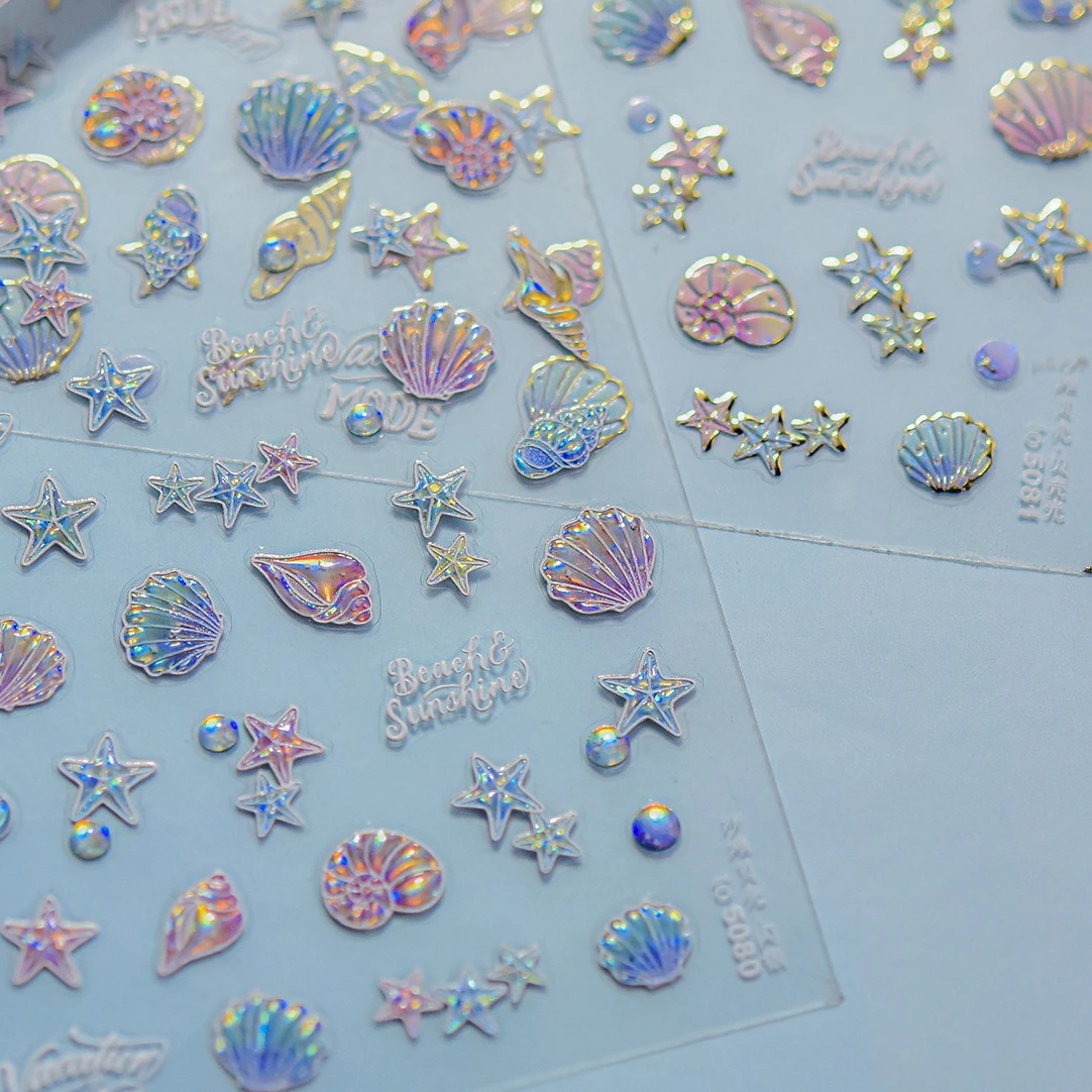 Concha marina colorida brillante, elementos del océano de estrella de mar, burbujas de agua, Concha de estrella, pegatinas subacuáticas para decoración de uñas, calcomanías para manicura