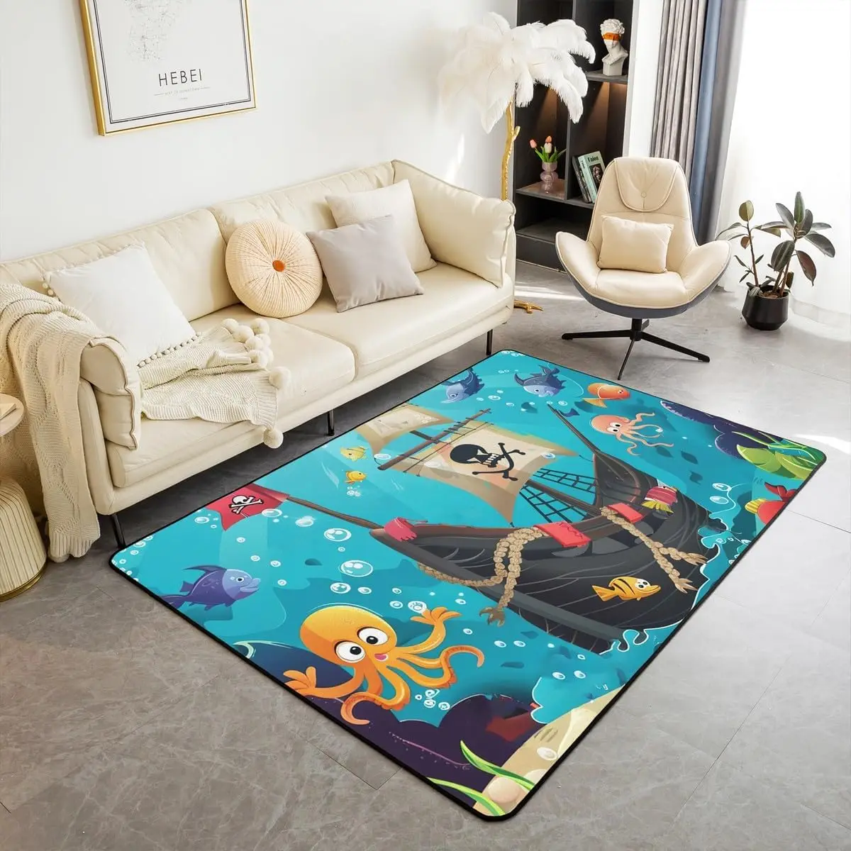 Cartoon Pirate Ship Area Rug for Bedroom Playroom Marine Adventure Living Room Rugs Underwater Fish Carpet Non Slip Cute Octopus
