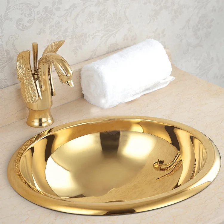 Antique Titanium Golden Copper Plated round Sink with Drainer Classical Luxury for Hotel & Home Bathroom Vanities