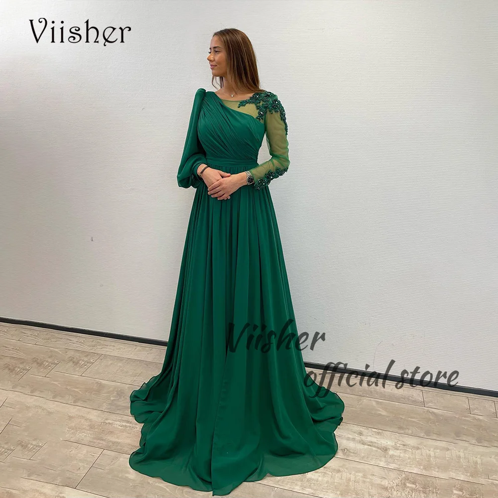 

Viisher Green Chiffon A Line Prom Party Dresses Beads Long Sleeve Dubai Arabic Formal Evening Dress with Slit