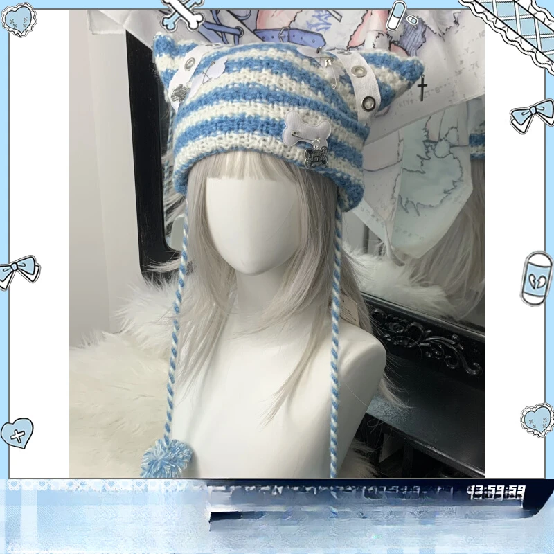 Y2K Lolita Blue White Striped Hat Cute Cat Ears Knitted Hat Women Autumn Winter Warm Beanie Original Handmade Hats