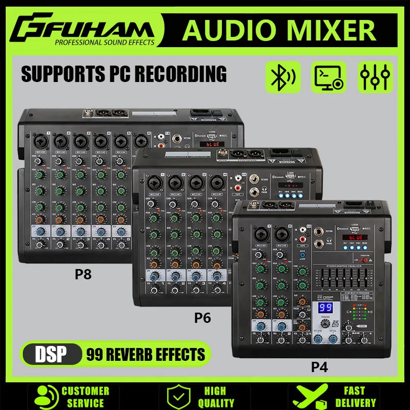 FUHAM 4 Channel Audio Mixer Bluetooth USB DJ Console 48V Phantom Power for Studio Karaoke Streaming