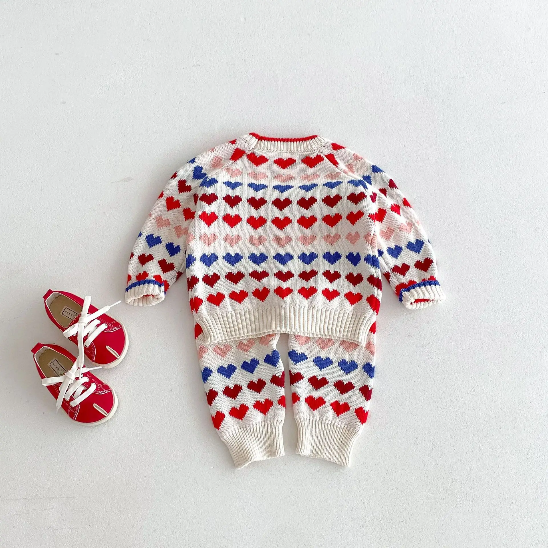 2024 Autumn New Children Colorful Heart Knitted Set Boys Girls Sweater Knitwear + Pants 2pcs Suit Kids Fashion Casual Outfits