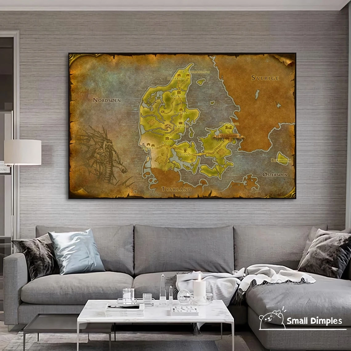 Map Of Denmark (Danish) - World Of Warcraft Style Map Game Poster Canvas Art Print Home Decoration Wall Painting ( No Frame )