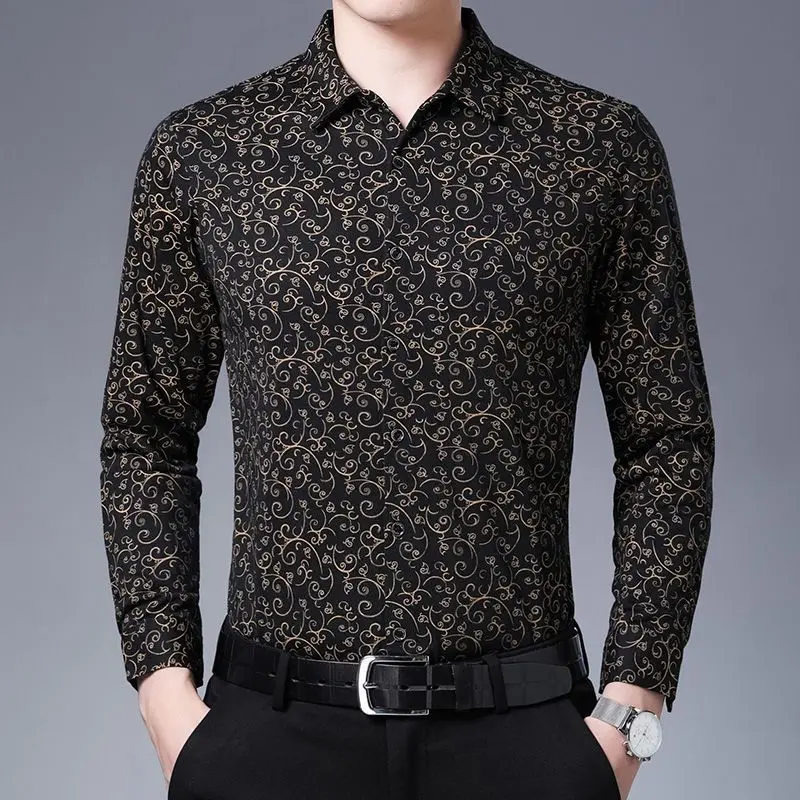 Camisa hawaiana Vintage de manga larga para hombre, ropa de calle coreana, Tops negros informales de negocios, primavera y otoño, 2023