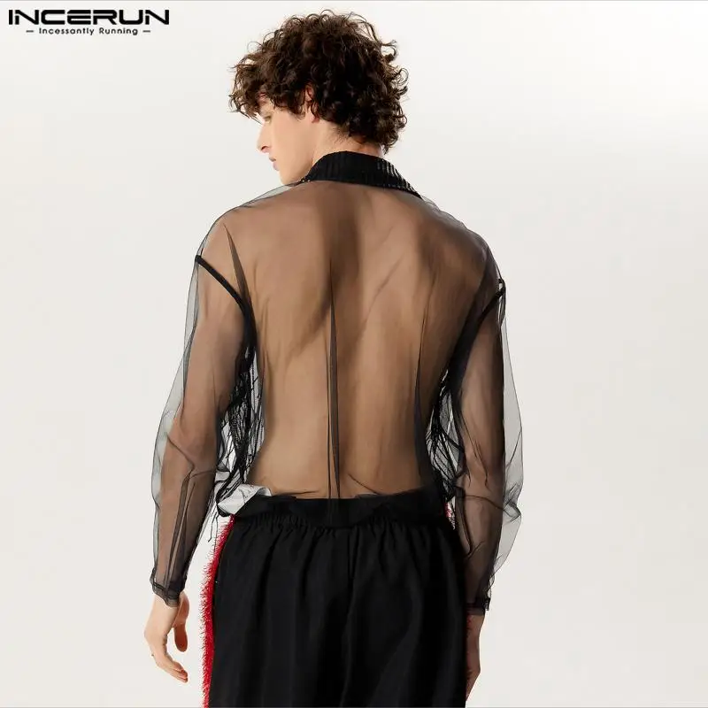 2024 Men Shirt Sequins Mesh Patchwork Lapel Long Sleeve Men Clothing Transparent Streetwear Fashion Casual Camisas INCERUN S-5XL