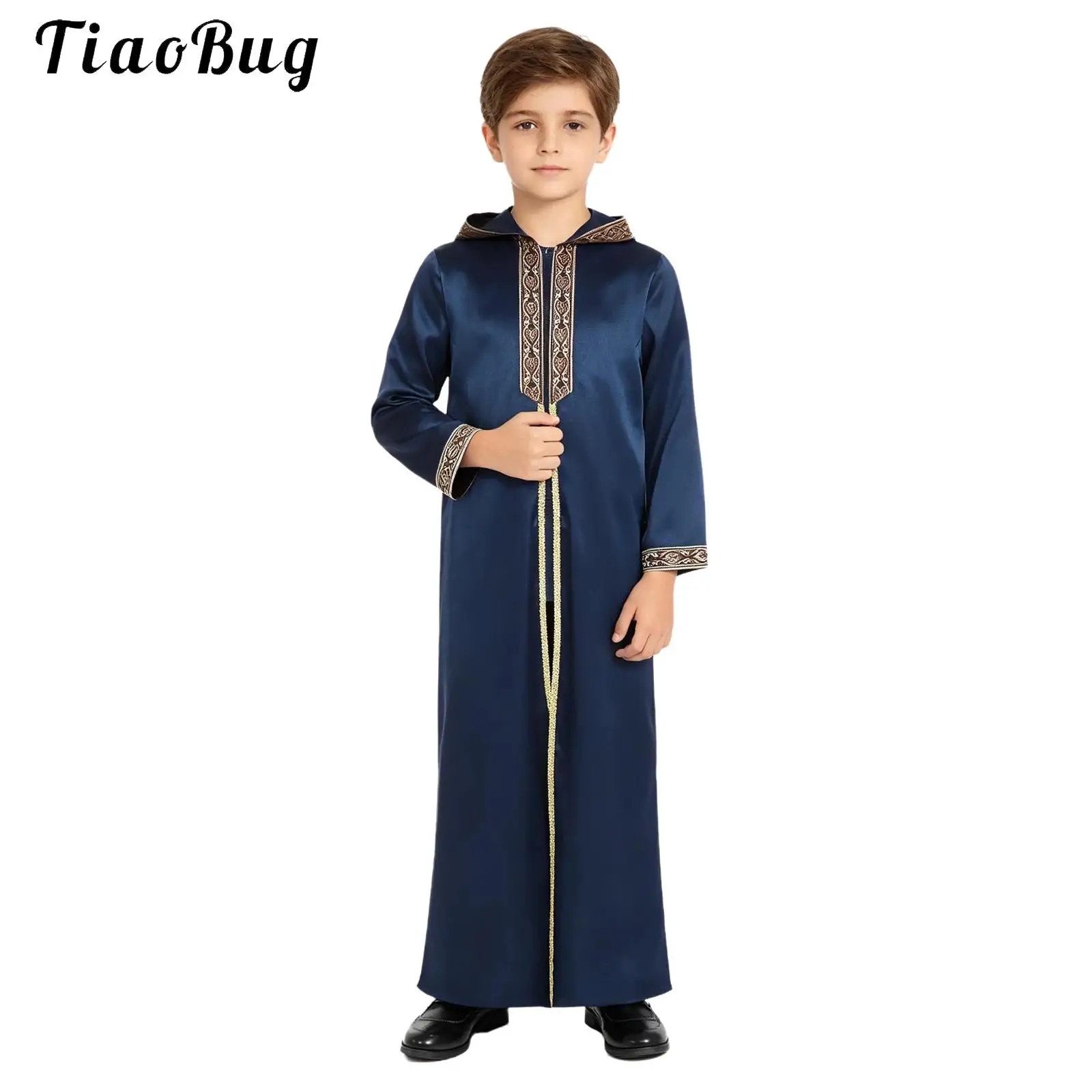 Boys Muslim Robe Costume Hooded Long Sleeve Zip Up Embroidered Gold Trims Islamic Robe Child Ramadan Kaftans Arab Folk Clothes