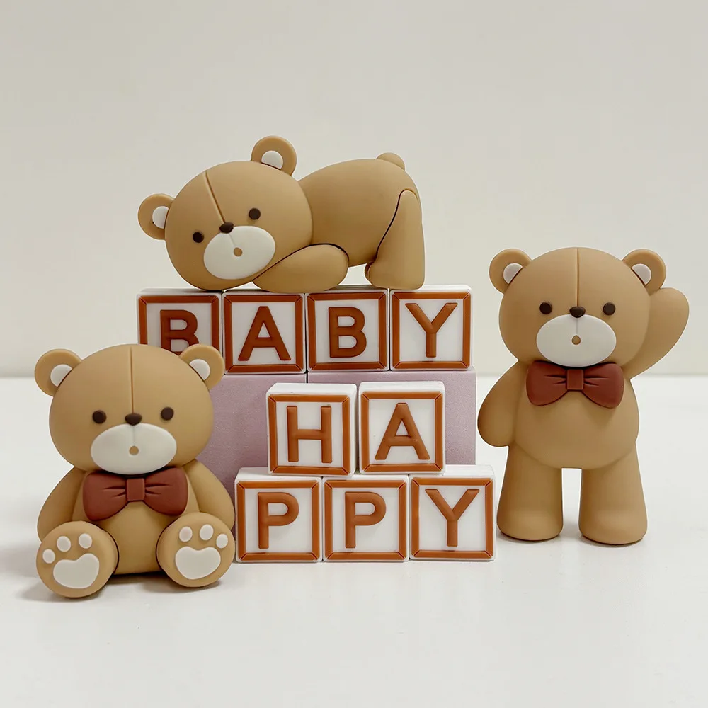 Baby Bear Cake Topper Cakecup Toppers Mini Bear Cake Decor for Birthday Baby Shower Baby Boy Party Decoration Blue Brown Pink