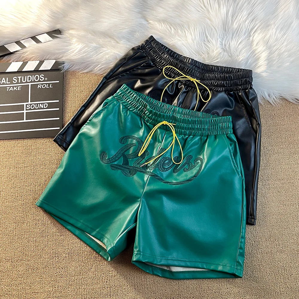

Leather Black Green Board Shorts Yellow Drawstring Shortpant Men Women Beach Holiday Travel Short Pants Pockets