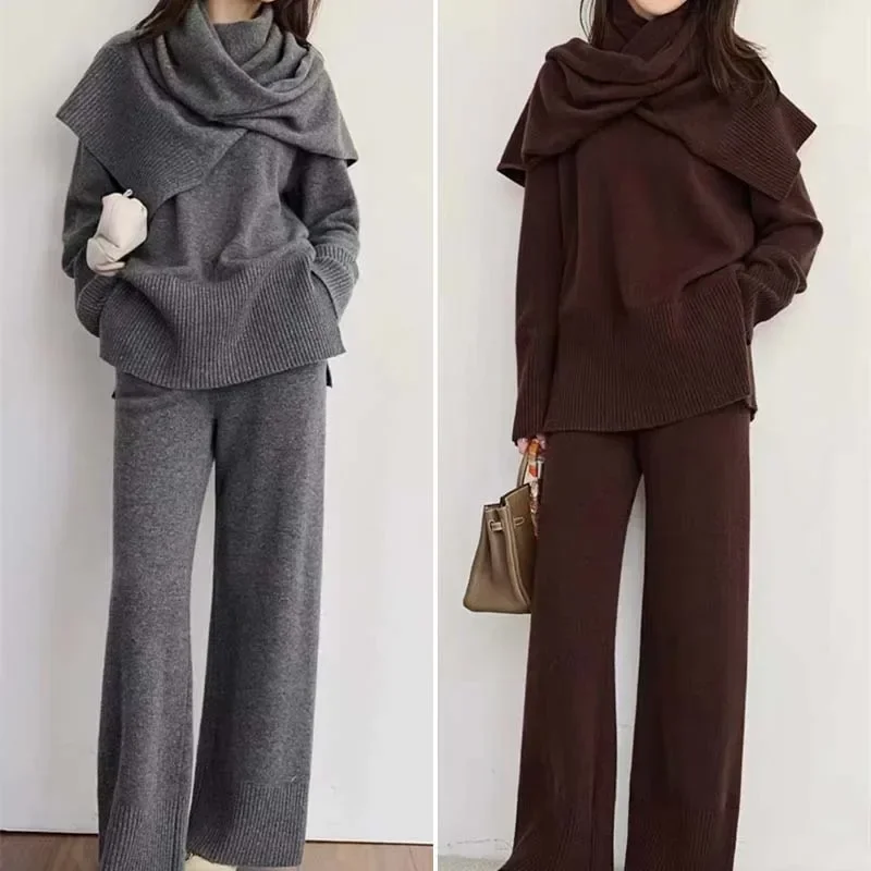 Women Fashion Scarf Decor Jacket Casual Solid Long Sleeve Loose Warm Overcoat Trousers 3 Piece Set Autumn Winter Lady Chic Set