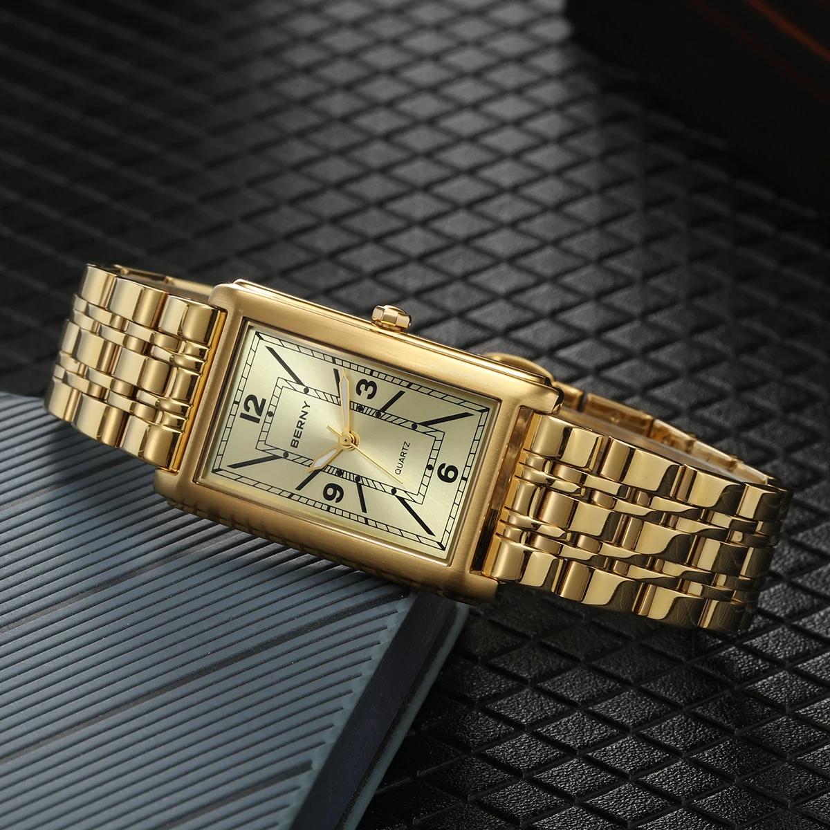 BERNY Gold Wristwatch for Men Square Quartz Luxury Watches Luminous Hands Texture Tank Watches for Men New Rectangular Men Watch