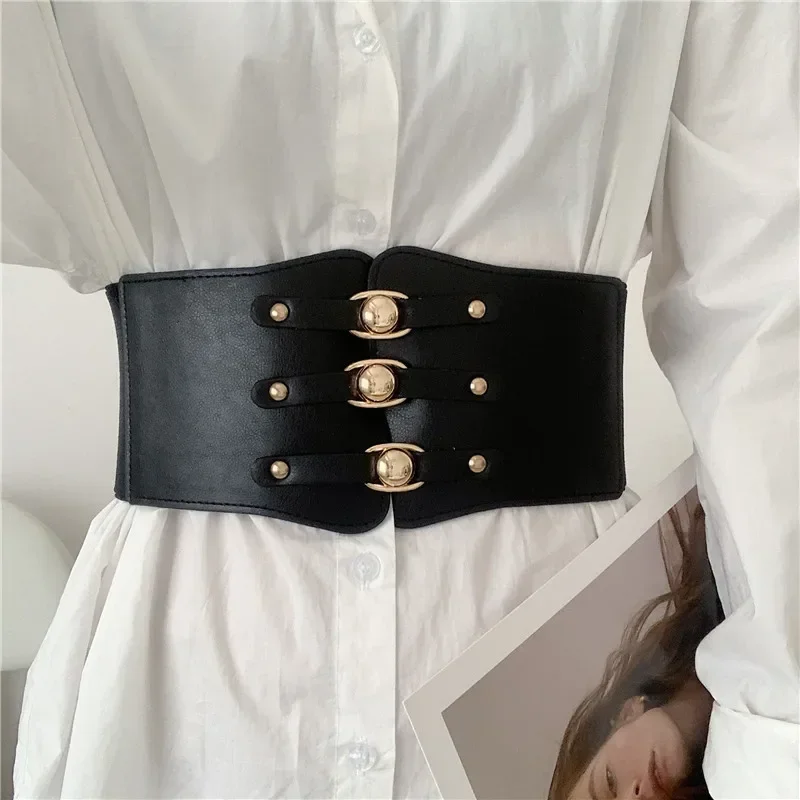 Fashion Clothes Decoration Accessories Fashion Women Gothic Elastic Belt Sexy Solid Color Leather Waistband Pentagon Stone Rivet