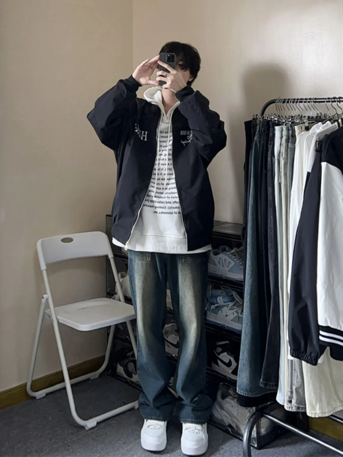 

Trendy American Vibe Loose Fit Straight Leg Jeans Men's Waed adient Deep Blue Denim High Street Cool Teenage Faion