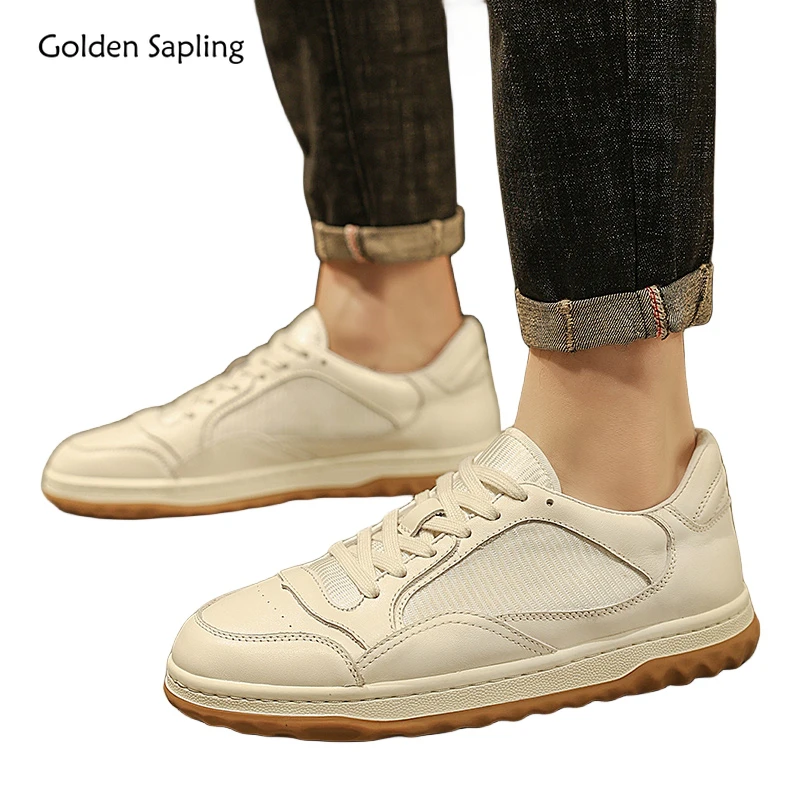 

Golden Sapling Skateboarding Shoes for Men Genuine Leather Flats Men's Casual Shoe Leisure Skateboard Footwear Retro White Flat