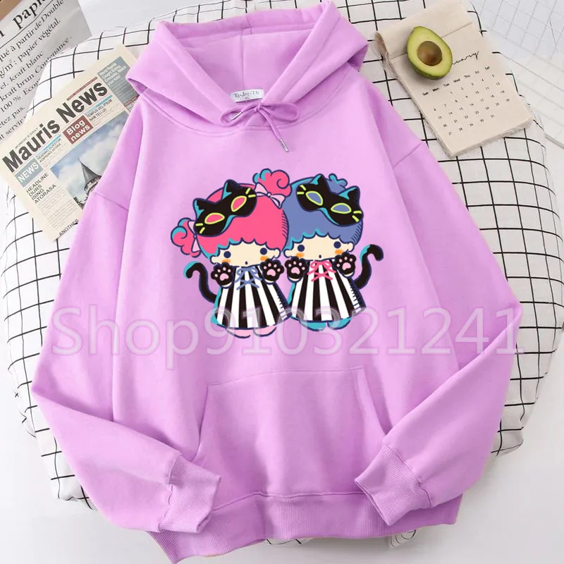 Little twin star Women Harajuku Hoodies Print Cartoon Tops Long Sleeve Pockets Autumn Hoodie Fleece Sweater Black Loose Top