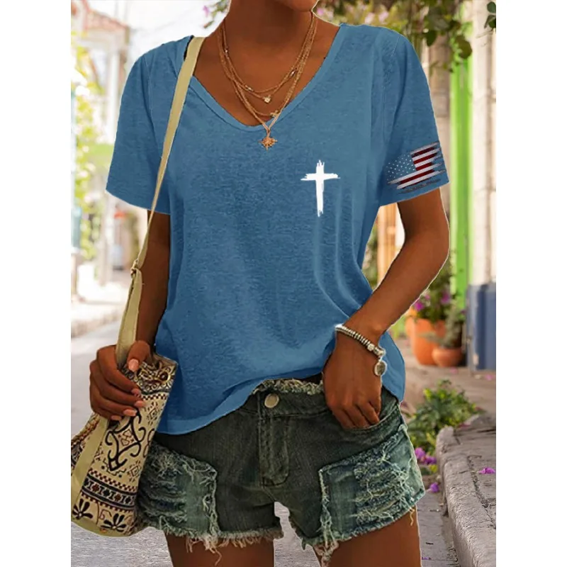 Women's Faith Print Long Sleeve V Neck T-Shirt, Fall Winter Religious Graphic Daily Top