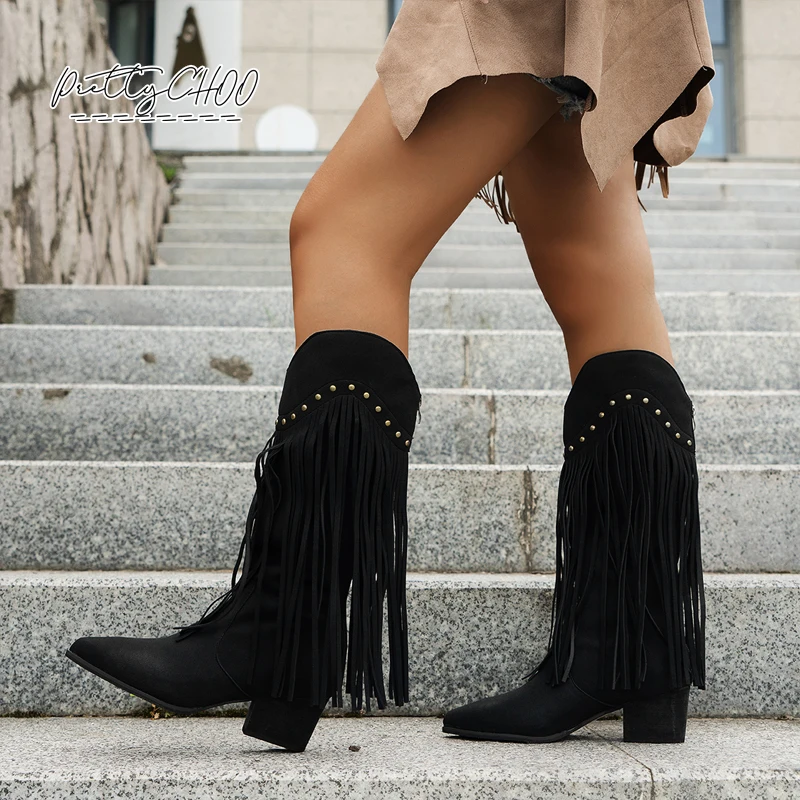 Classic Fringes Western Knee High Boots Woman Faux Suede Cowboy Long Booties Ladies Autumn Point Toe Heeled Tassel Rivets Botas