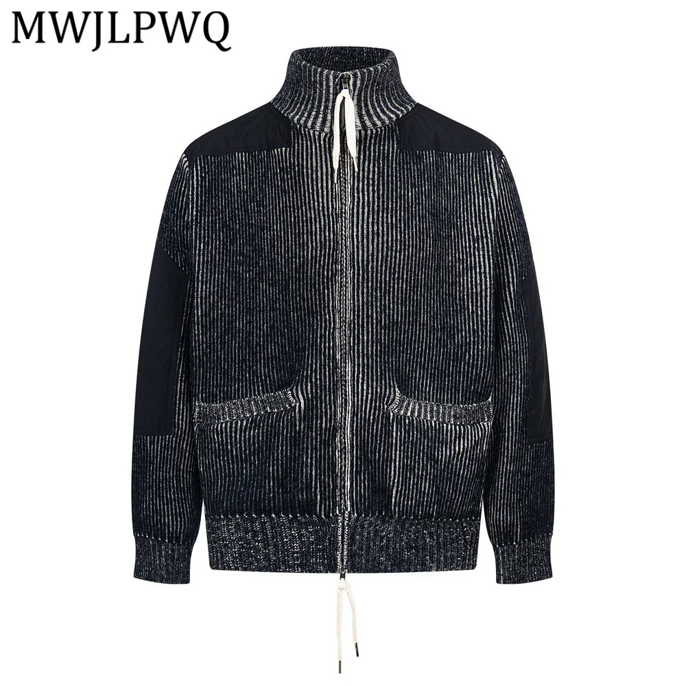 

MWJLPWQ American Style Color Block Ribbed Stand Collar Sweater Men's Autumn Winter Trendy Double Zipper Knitted Short Tops 15959