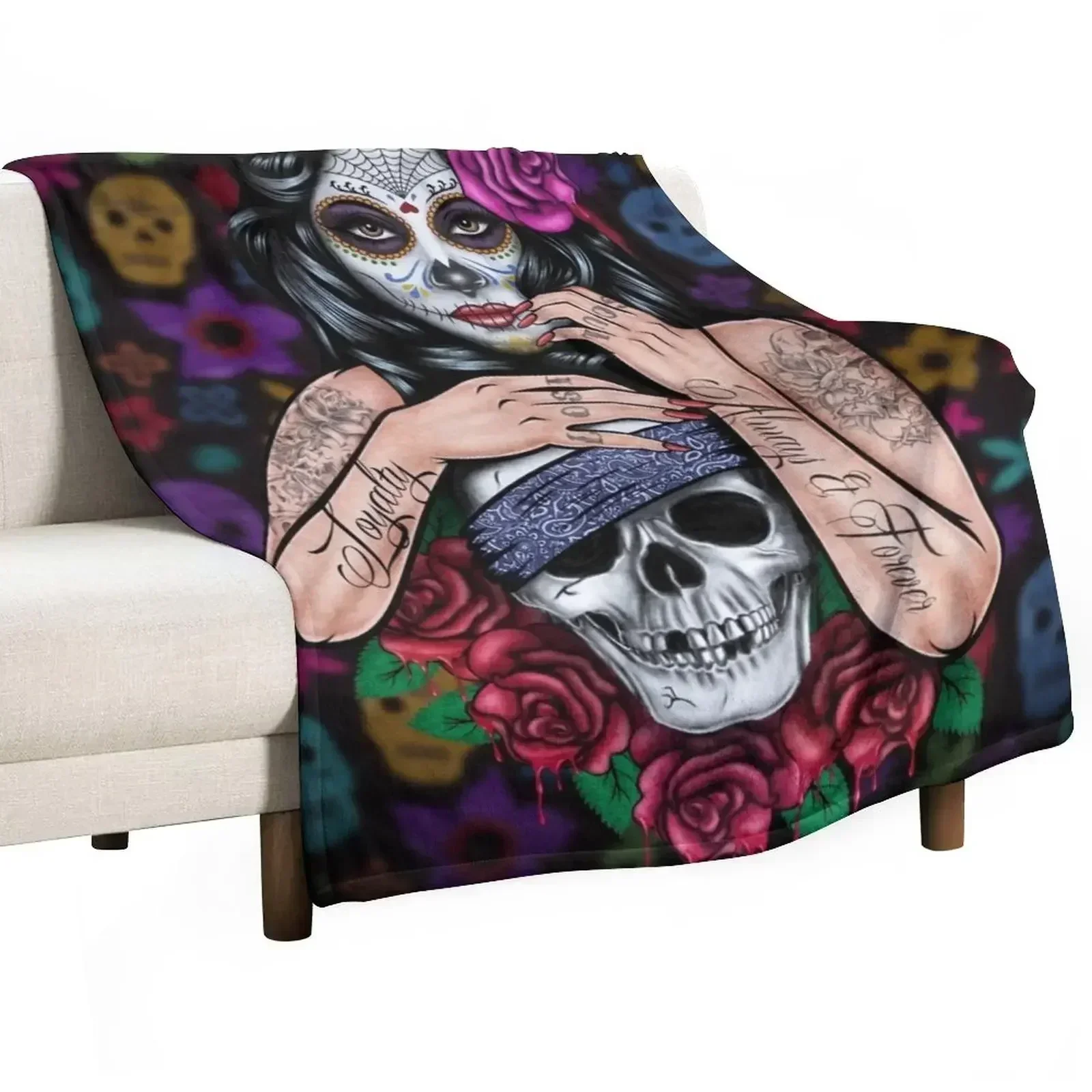 sugar skull floral Tattoo girl day of the dead Throw Blanket Bed Fashionable Furry Large Soft Blankets